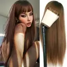 Hair Ombre Light Brown Long Straight Wigs With Bangs Synthetic Wigs With Blac...