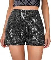 [Generic] Hot Pants Solid Party Black Sequin Shorts for Women High Waist Elastic Sparkly Straight Leg Short Glitter Sparkle
