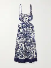 [Johanna Ortiz] Johanna Ortiz - Harmony Fringed Embellished Printed Cotton-poplin Midi Dress - Navy - US8 US 8 Blue