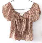 Peach-pink ditsy floral print crop peasant blouse top shirt women's SMALL