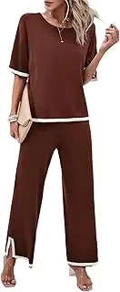 [Aokivvy] Womens Knit 2 Piece Sweater Sets Round Neck Short Sleeve Knit Pullover Tops Wide Leg Lounge Pants Travel Sport Suit