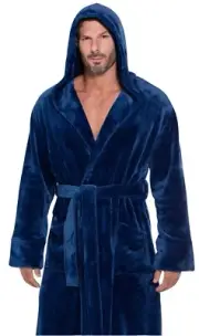 Heavy Navy Blue Hooded Robe for Men. Adult XXL, Full Length.