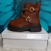 Dorothy Perkins Camel Brown Chain Lace-up Hiker Boots, Women's size UK 3 EU 36