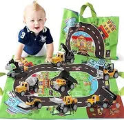 HONGTUO Toddler Car Toy and Play Mat Storage Bag 8 Pieces Die-Cast Construction Vehicle Toy for 1 2 3 Year Old Boys Girls, Birthday Gifts for Toddler Age 1-2