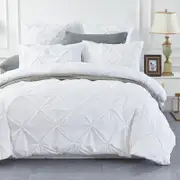 CottonMore Cotton White Diamond Pinch Pleated Pintuck Doona Quilt Cover Set - Double