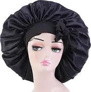 Isshin Beauty Satin Bonnet Silk for Hair Sleeping: Women Tie Bonnets Adjustable Night Cap Jumbo Size Comfortable Wide Band for Braids Curly Long Hair (Black)