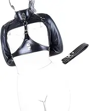 Davidsource Neck Collar Breast Harness Holder High Neck Leather Collar Harness Breast Holder Chest Less Hands Binding Suit BDSM Restraint Outfit Erotic Costume (Pulling Rope 1), Black