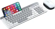 Wireless Keyboard and Mouse Combo with Phone Tablet Holder, Rechargeable Dual-Mode (Bluetooth 5.0 and 3.0 +2.4G) Multi-Device Silent Mouse for Windows, iPad, Tablet, MacOS,iOS,Android (Grey+White)