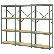 BROR shelving unit, grey-green/pine plywood, 254x40x190 cm
