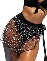 [Generic] Pearl Swimsuit Cover Up for Women, Rhinestone Beach Tie Sarong Bathing Suit Cover Up, Sheer Mesh Slit Dress Skirt