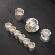 Sterling Silver Ceramic Tea Set Peach Print Chinese Kungfu Tea Set Handmade New