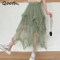 在飛比找蝦皮購物優惠-Qooth 女式 10 色不對稱薄紗舞會禮服裙優雅高腰仙女網
