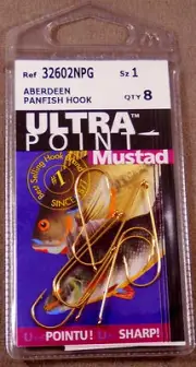 Fishing Hook 1 Pack of 8 Mustad Ultra Point # 1 Gold Aberdeen Panfish Hooks