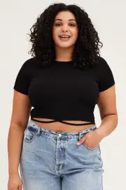 Black Rib T-shirt Short Sleeve Tie Front Crew Neck