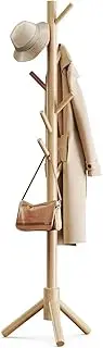 Tehttz Freestanding Coat Rack, Wooden Coat Rack Tree with 8 Hooks and 3 Adjustable Section Height for Bedroom, Solid Wooden Coat Tree, Entryway Coat Hanger Stand for Clothes Suits