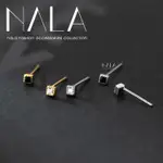 NALA 娜拉。超迷你！S925 純銀 鑲邊方鑽 正方形耳釘 簡約方塊 黑色鋯石 幾何方形 耳針 耳骨釘耳環 抗過敏銀飾