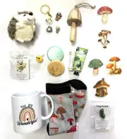 Gift Lot Set Women / Teen 20 PC - Mushroom Socks Mug Gemstones Bee Hedgehog ++