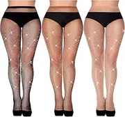 [SATINIOR] 3 Pcs Rhinestone Fishnet Stockings Glitter Fishnet Tights High Waist Mesh Stockings Pantyhose for Women