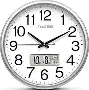 TIMESS Wall Clock, 16 Inch Non-Ticking Silent Battery Operated Quartz Analog with LCD Display for Perpetual Calendar and F° Temperature, Ideal Modern Home, Bedroom, Kitchen, Office Décor (Sliver)