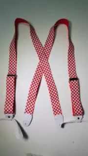 Men's Suspenders - Red White Checkered Button on Leather, USA Made