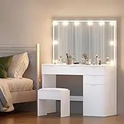 Artiss Dressing Table, LED Mirror Makeup Stool Set Wooden Vanity Desk Chair, Home Bedroom Furniture Girls Kids Women Organisers, Storage Cabinet Drawers Shelves Wide Tabletop White