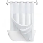No Hook Shower Curtain with Snap-in Liner and See Through Top Window-White