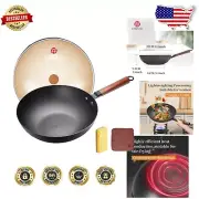Durable Carbon Steel Wok 12.6'' with Wooden Handle - Rust-Resistant & Non-Stick