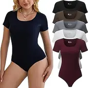 [Chongbaijia] 5 Pack Short Sleeve Bodysuits for Women Square Neck Casual Stretchy Basic Body Suits Tops T Shirts