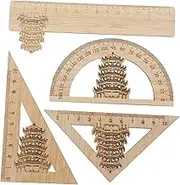 SECFOU Unique Bamboo Ruler Set Chinese Crane Tower Theme 4pcs Precision Measuring Tool for School Office Home
