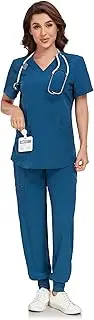 [FJWZF] Scrub for Women Set Stretch V-Neck Top & Jogger Scrub Pants Sets with 9 Pockets, Yoga Waistband