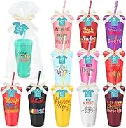 12 Sets Nurse Appreciation Cups with Straws and Lids, Bulk Nurse Gifts, 24 oz Reusable Plastic Cups, Multicolor Ice Water Bottles for Graduation Season(Bright)