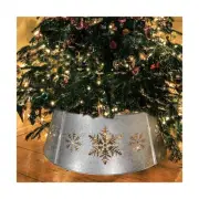 29" Galvanized Metal Christmas Tree Collar with String Lights, Snowflake Diec...