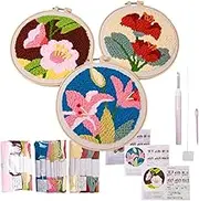 Embroidery Kit - Punch Needle Fabric with Floral Pattern,Instruction Included, 3X Sewing Set Handmade Craft for Kids and Adults