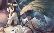 Anime girls overlord albedo black hair long wings yellow Playmat Game Mat Desk