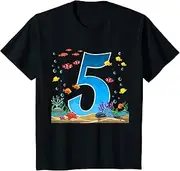 [X.Style] Kids 5 Year Old Ocean Birthday Under The Sea Fish Theme 5th ds594 T-Shirt (S) Black