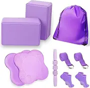 SAMTKA 2 Yoga Blocks Supportive Accessories including 2 Knee Pads, 2 With Strap To Put Less Weight On Wrists, 1 Muscle Massage Roller, 2 Pair of Non-Slip Pilates Socks, 1 GYM Bag, Durable Versatile