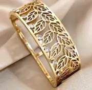 Luxury Yellow GOLD Tone Wide Bangle Steel Bracelet with CZ Clear stones BNEW