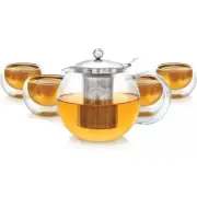 Glass Teapot with Removable Infuser (40oz/1200ml)&4 Double Walled Glass Cups.