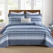 Quilts Queen Size,Blue White Snowflake Striped Quilt Bedspread Set,Cotton