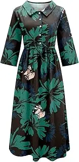 [Generic] Formal Evening Dress Print Button Midi Long Sleeve Loose Dress Lace Formal Dress for Women