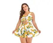 Plus Size Floral Print Halter Swimwear One Piece Pin up Tankini Swimwear - Yellow