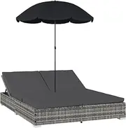 2-Person Patio Lounge Daybed, Outdoor PE Rattan Double Wicker Daybed Chaise with Adjustable Backrest, Cushions & Umbrella, Outdoor Loveseat Sofa Sunbed for Garden Lawn Backyard, Grey