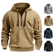 Retro Men Cargo Sweatshirt Work Half Zip Up Jumper Hoodie Jacket Coat Top