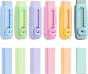 12 Pack Sliding Retractable Pencil Eraser Cute Erasers - 6 Cute Colors with Dynamic Push-Pull Design, Includes 6 Expandable Erasers and 6 Refill Erasers for Students School Office Home Supplies