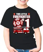 [SDVN] 1 Year Old Firefighter Birthday Party Fire Truck 1st Birthday Firemantoddler Shirt Gift Boys Girls Youth T-Shirt (Black;XS)
