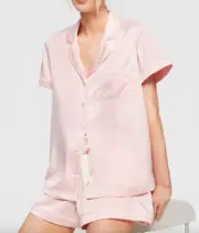 NEW PETER ALEXANDER LIGHT PINK POLY SATIN TOP + SHORTS PJ SET M RRP$129