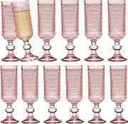 XKXKKE 12 Pcs 5 Ounces Glass Champagne Flutes, Vintage Hobnail Beaded Embossed Colored Glass Sparkling Wine Glasses for Champagne, Cava, Prosecco, Party, Wedding, Bar Fancy Glasses Set of 12 Pink
