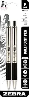 Zebra Pen F-402 Retractable Ballpoint Pen, Stainless Steel Barrel, Fine Point, 0.7mm, Black Ink, 2-Pack