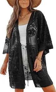 [Bsubseach] Kimonos for Women Lace Swimsuit Mesh Bathing Cover Up Beach Cover Up Sexy See Through Kimono Long Cardigans, H-Black, One Size
