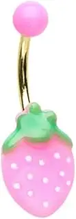 [Pierced Owl] 14GA Gold Plated Stainless Steel Pink Glittering Strawberry Belly Button Ring, Metal, no gemstone